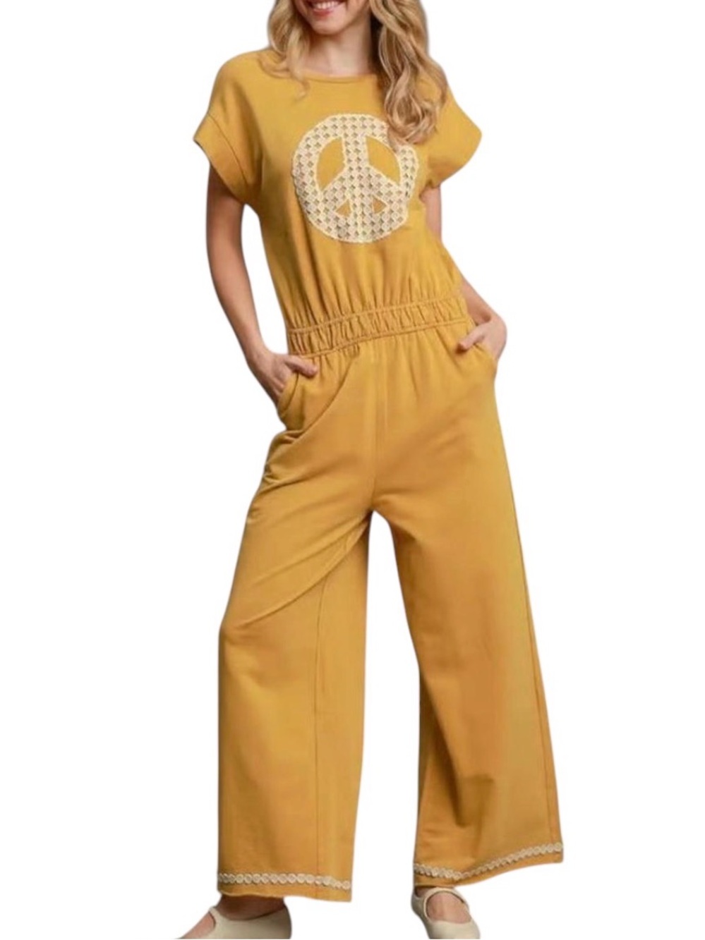 UMGEE Wide-Leg Peace Sign Jumpsuit Retro Boho Size M
